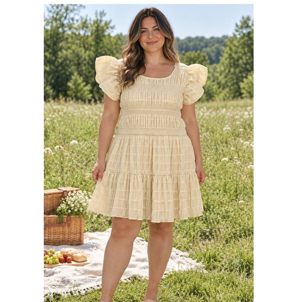 In The Beginning Cream Smocked Puff Sleeve Mini Dress Cottagecore Women's Size L